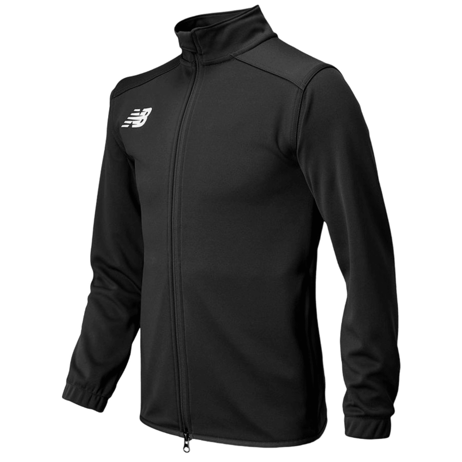 The New Balance Youth Knit Training Jacket is a black, full-zip jacket featuring a stand-up collar and long sleeves, with the New Balance logo displayed on the upper left chest.