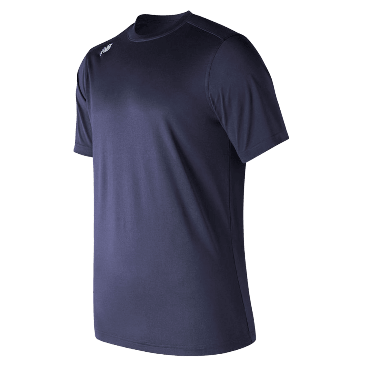 A black short-sleeve athletic T-shirt with an athletic fit is shown against a transparent background. The New Balance Youth SS Tech Tee is plain with a crew neck and features a small, white geometric logo on the left shoulder near the collar, boasting odor-resistant properties to keep you fresh.