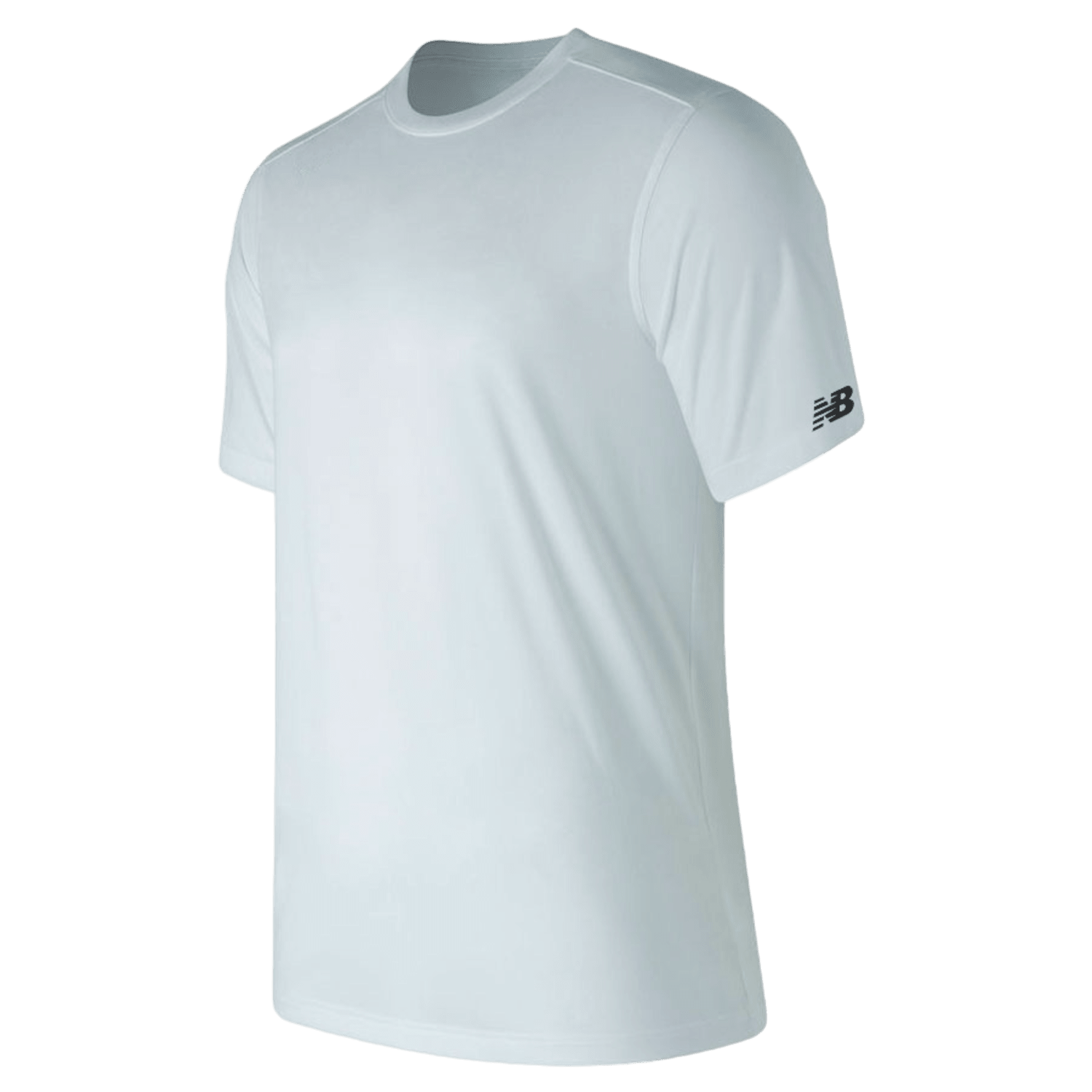 The New Balance Youth Camp T-Shirt, a plain white athletic shirt with short sleeves, features a small black logo on one sleeve and is displayed on a blank background.