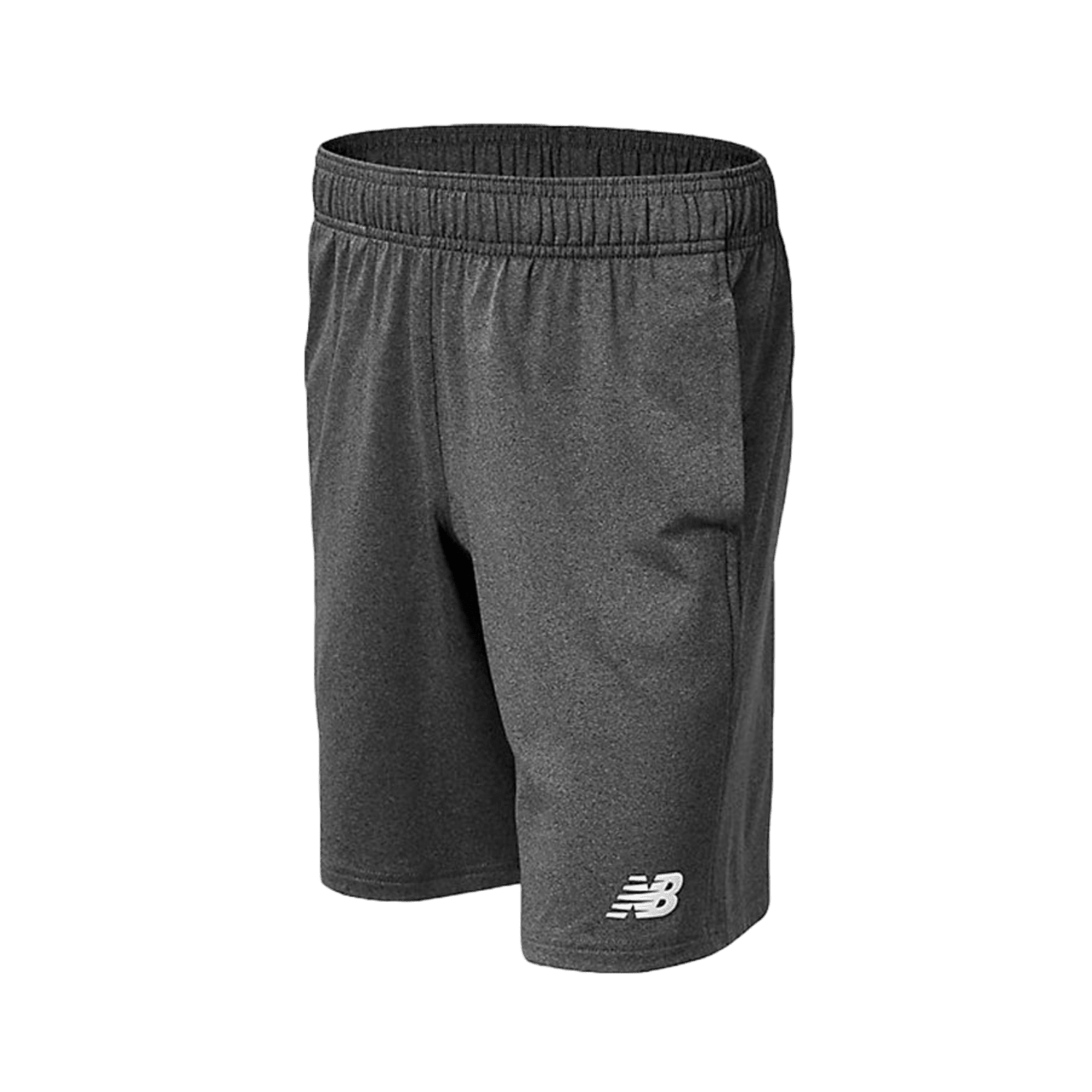 Gray athletic shorts, model TMYS555 by New Balance, featuring an elastic waistband and the brand logo on the lower left leg. Set against a green background, these moisture-wicking shorts are expertly crafted to keep you dry and comfortable during workouts.