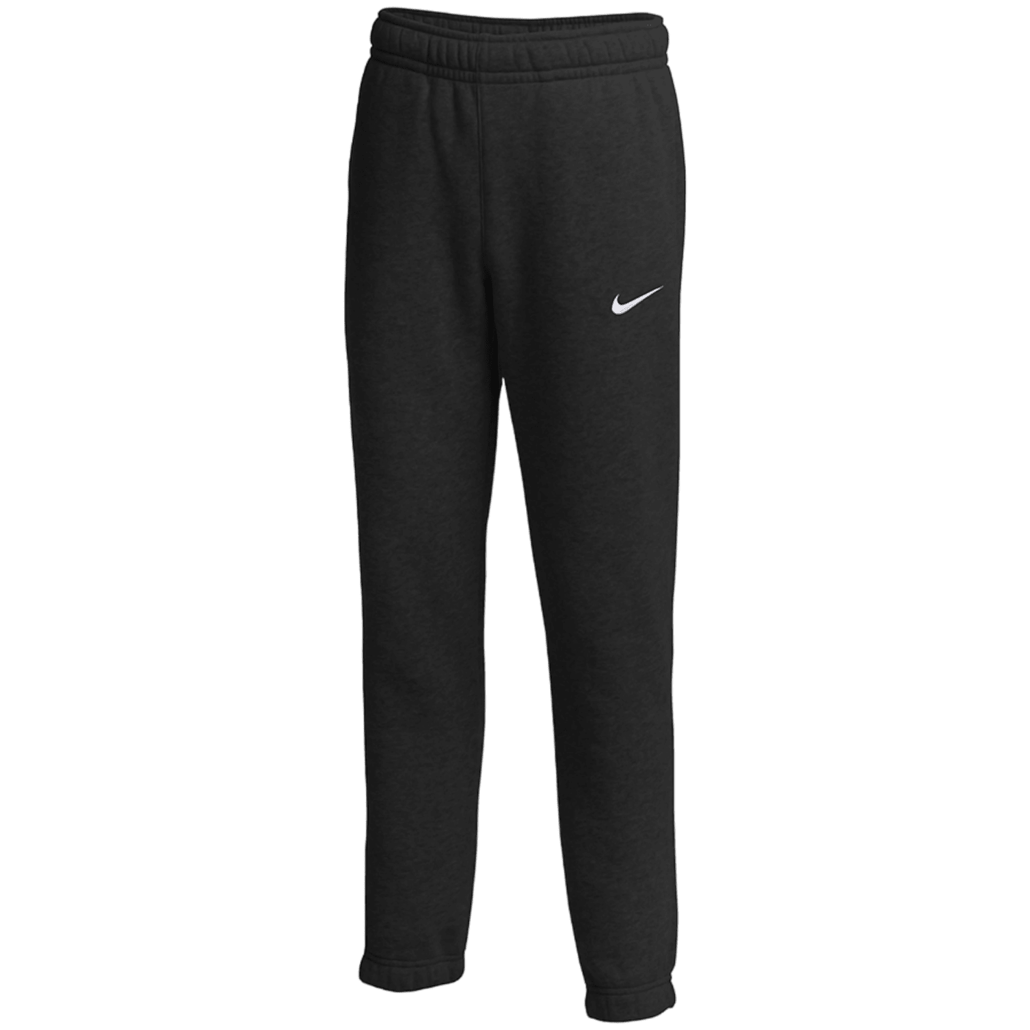 The Nike CJ1813 sweatpants are black with an elastic waistband and showcase a white logo on the upper left thigh. These pants have a loose fit with no visible pockets.