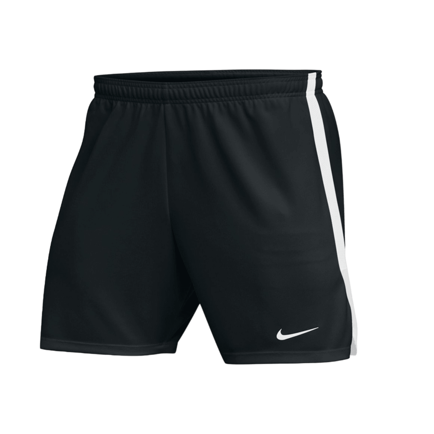 The Nike Girl's Dri-Fit Shorts are black athletic shorts designed with a white side stripe, a small white Nike swoosh logo on the lower left leg, and a drawstring waist for a secure fit. Featuring Dri-FIT technology and an elastic waistband, these shorts offer a simple, sporty design ideal for youth girls.