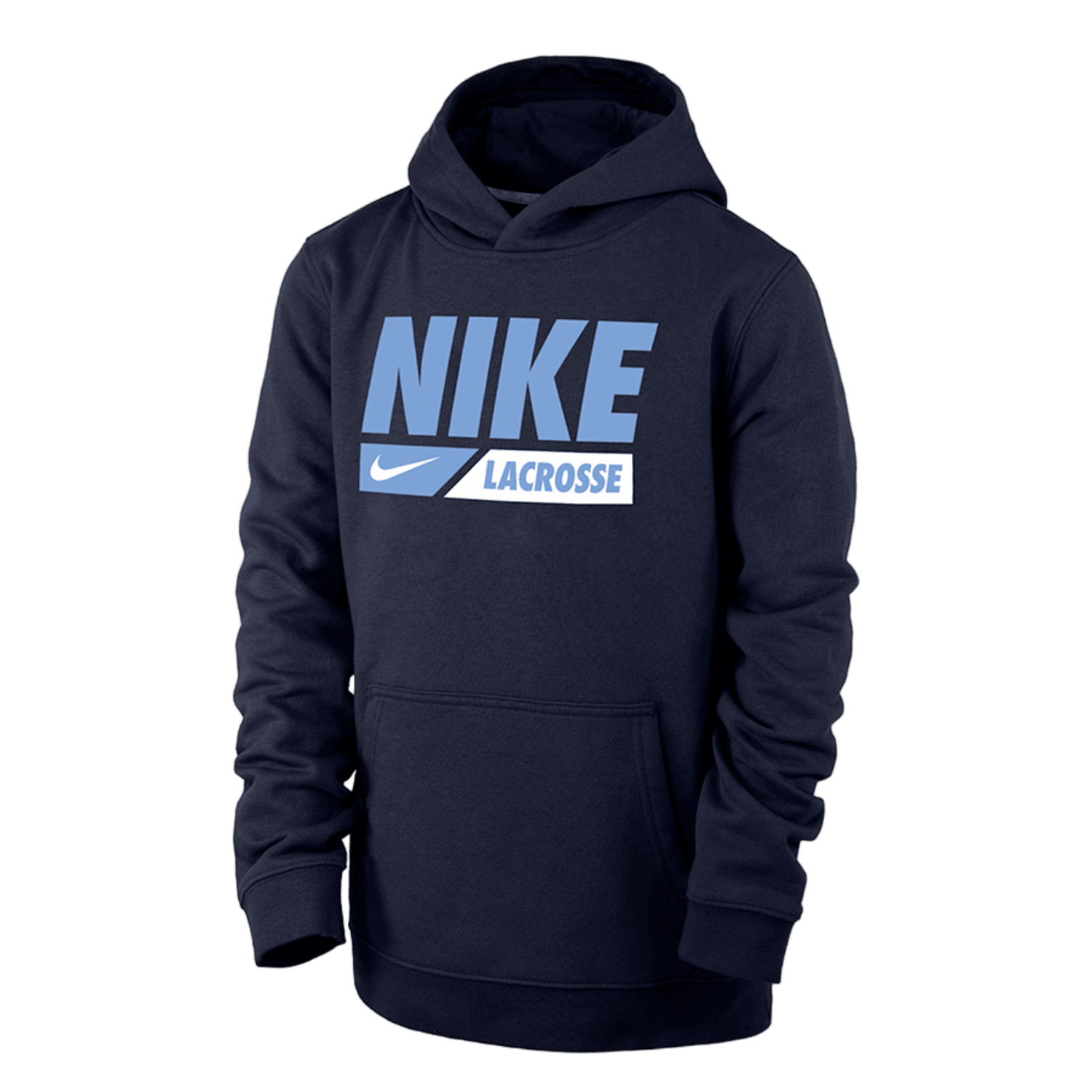 The P029394-NKLX:001 hoodie from Nike features a large front pocket and prominently showcases "NIKE LACROSSE" in bold white and light blue letters across the chest, merging comfort with an athletic look.