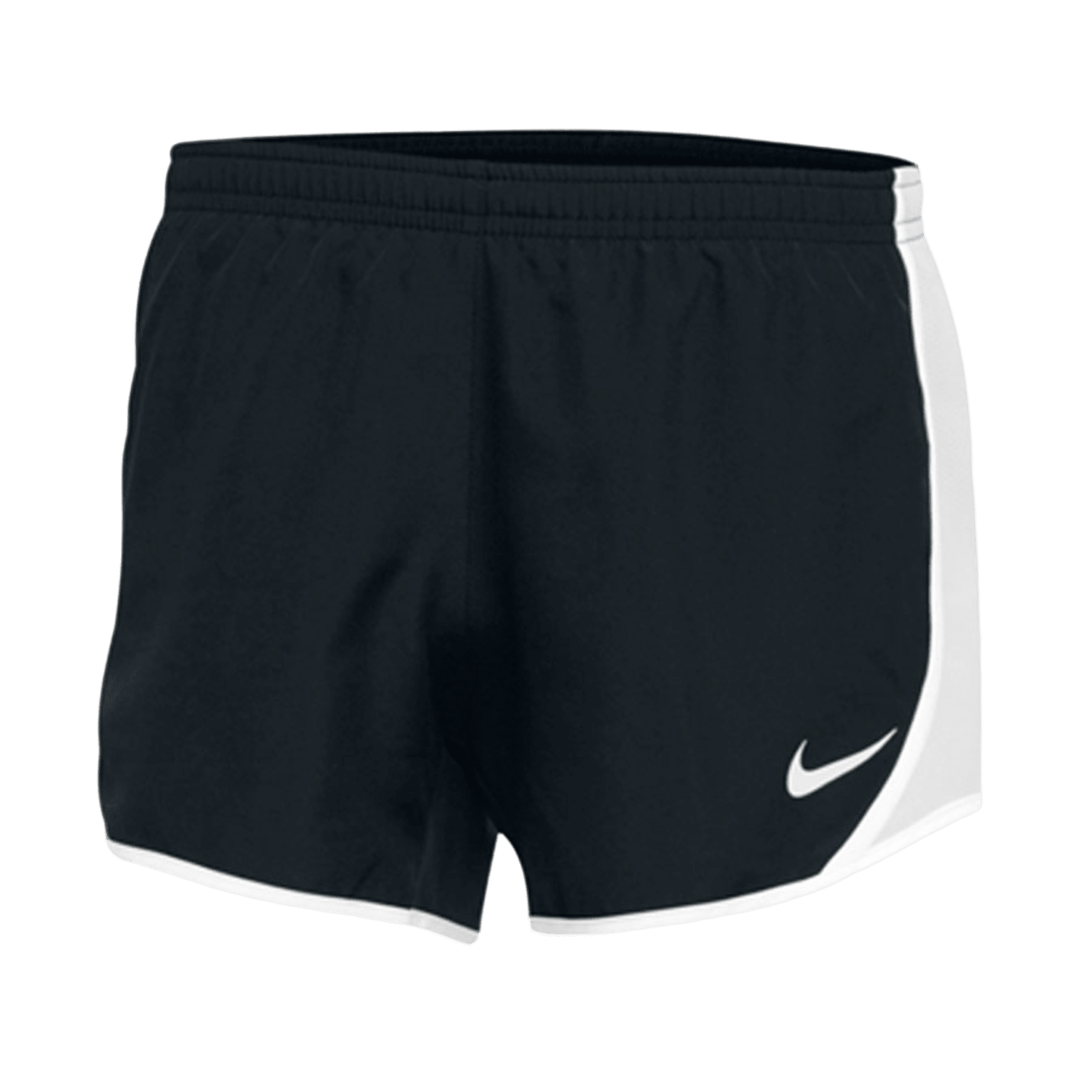 These Nike Youth Dry Tempo Shorts feature a black color with white side panels and a small white swoosh logo on the lower left. Constructed with sweat-wicking fabric, they include an elastic waistband and boast a straightforward, athletic design ideal for any active day.