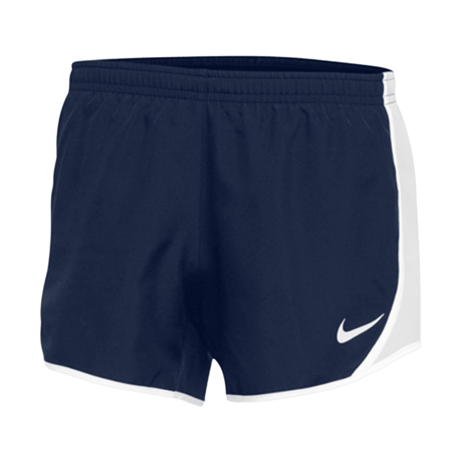 These Nike Youth Dry Tempo Shorts in navy blue feature white side panels and a small white logo on the lower left hem. Made with sweat-wicking fabric, these lightweight shorts are designed to keep you cool and comfortable during activity.