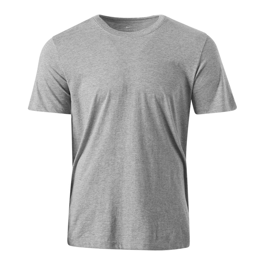 The Nike Youth SS Cotton Crew is a plain gray T-shirt showcased against a white background, featuring a simple, classic design with short sleeves and a round neckline.