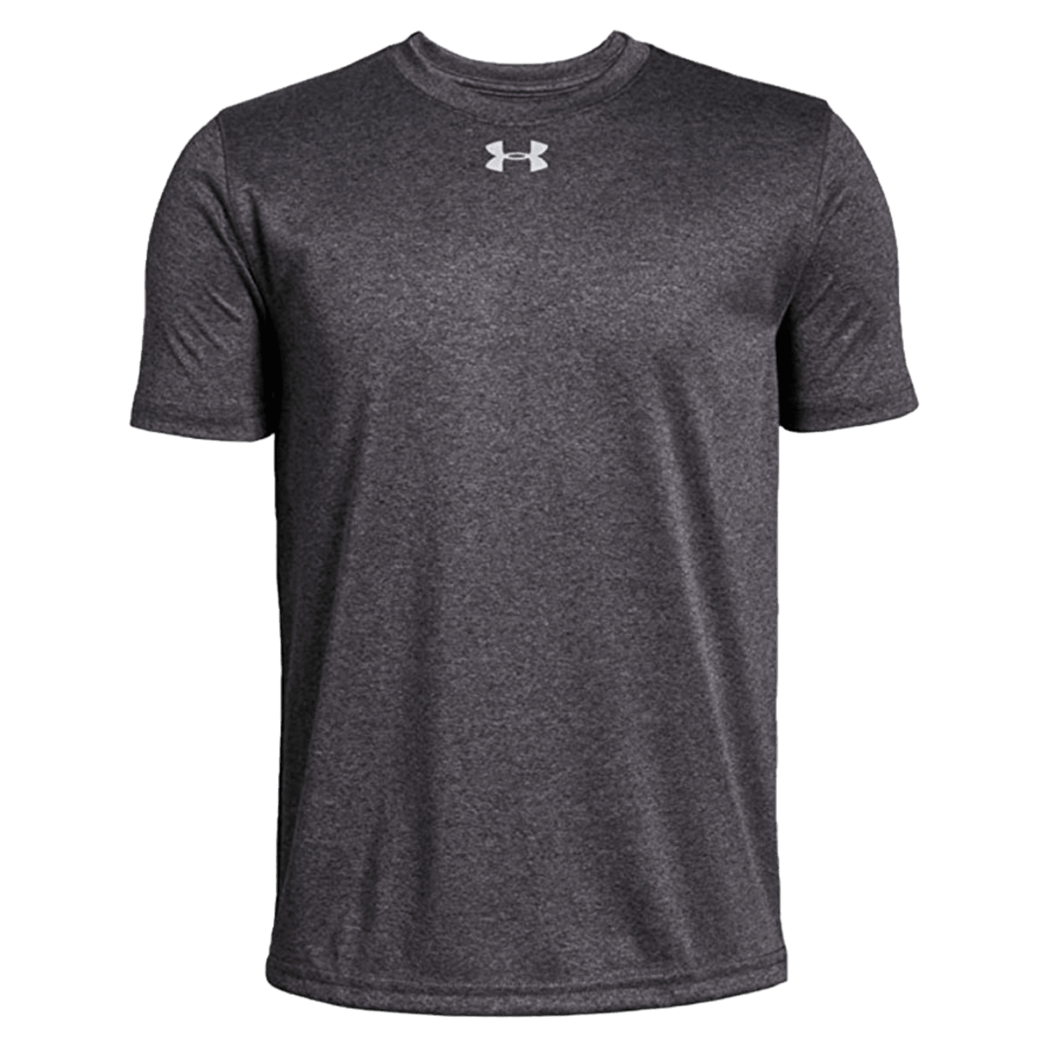 The Under Armour 1305845 is a dark gray athletic short-sleeve shirt featuring a small white logo on the chest, ideal for a youth boy's t-shirt. Its heathered texture and quick-drying fabric provide a sporty yet casual look. The logo displays two overlapping arches set against a simple green backdrop.