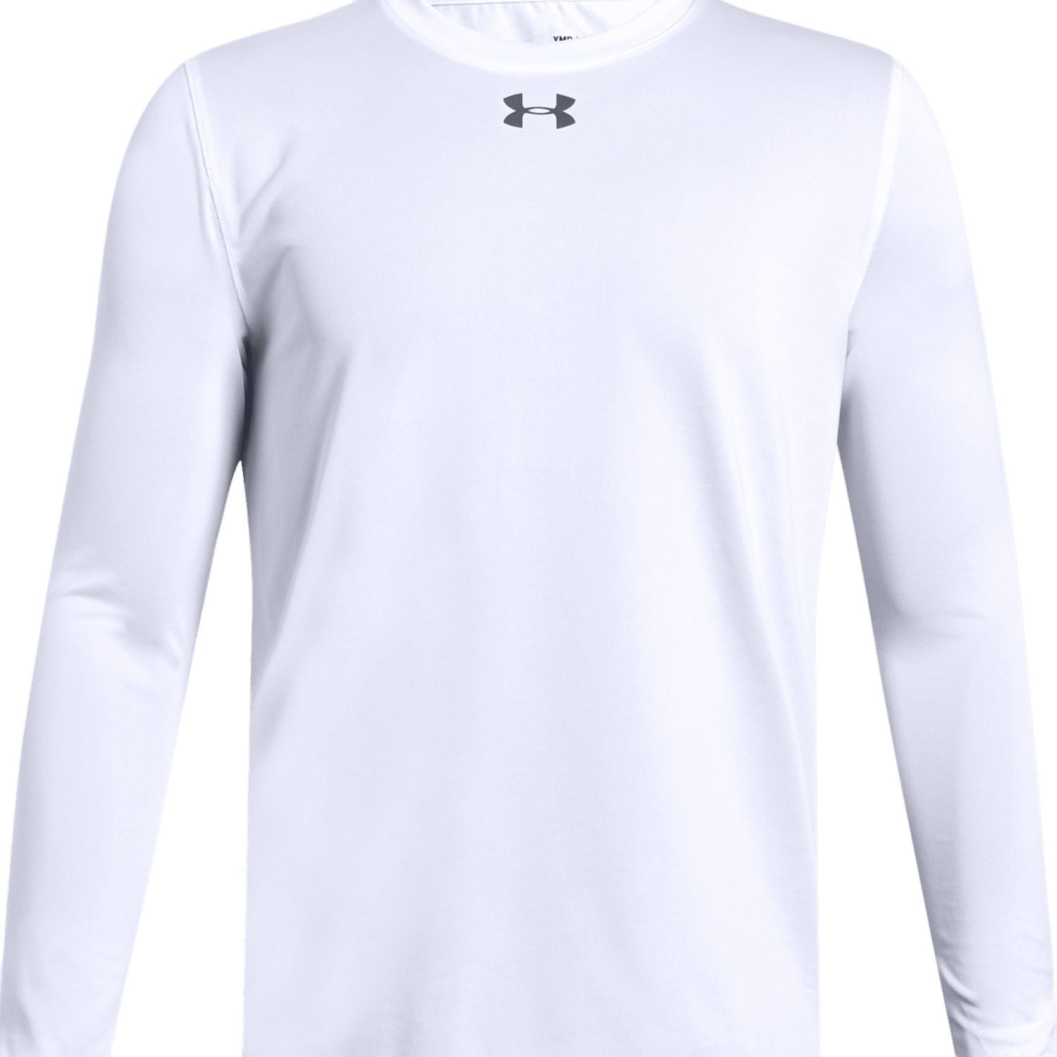 The Under Armour product 1305846 is a plain white long sleeve athletic shirt designed with a small black logo at the center chest. It features quick-drying fabric and anti-odor technology to keep you fresh and comfortable during workouts.